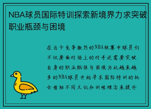 NBA球员国际特训探索新境界力求突破职业瓶颈与困境