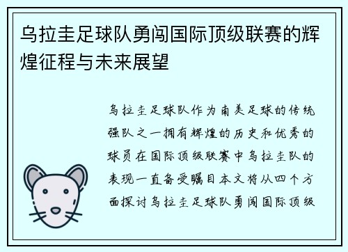 乌拉圭足球队勇闯国际顶级联赛的辉煌征程与未来展望