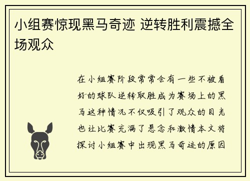 小组赛惊现黑马奇迹 逆转胜利震撼全场观众