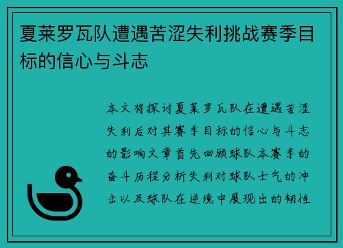 夏莱罗瓦队遭遇苦涩失利挑战赛季目标的信心与斗志