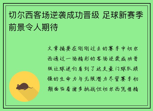 切尔西客场逆袭成功晋级 足球新赛季前景令人期待