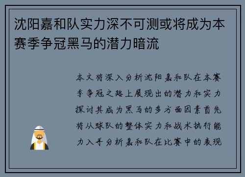 沈阳嘉和队实力深不可测或将成为本赛季争冠黑马的潜力暗流