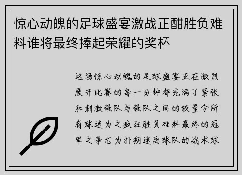 惊心动魄的足球盛宴激战正酣胜负难料谁将最终捧起荣耀的奖杯