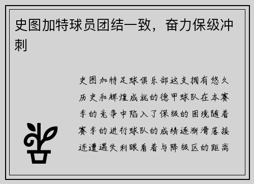 史图加特球员团结一致，奋力保级冲刺
